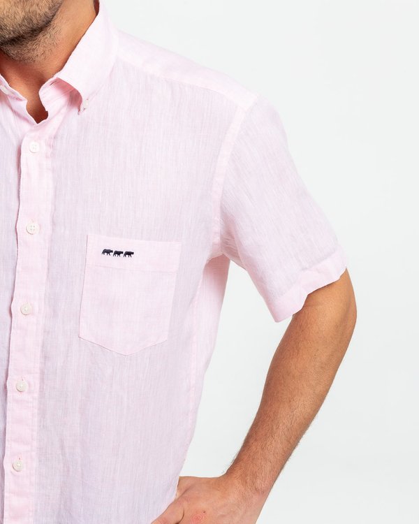 Chemise en lin regular fit unie à manches courtes rose Chemise en lin regular fit unie à manches courtes rose