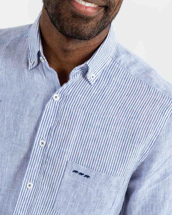 Chemise en lin rayures verticales manches courtes bleu Chemise en lin rayures verticales manches courtes bleu