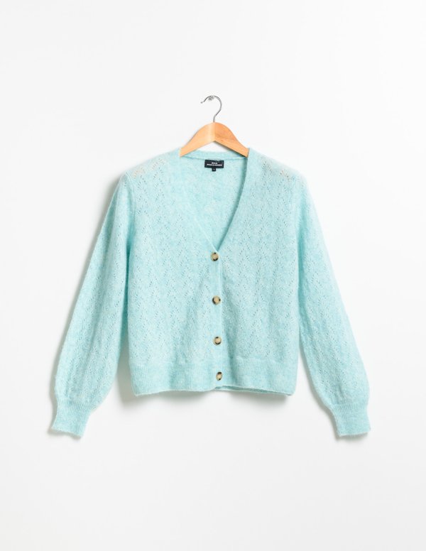 Cardigan col V uni manches longues mohair et laine Cardigan col V uni manches longues mohair et laine