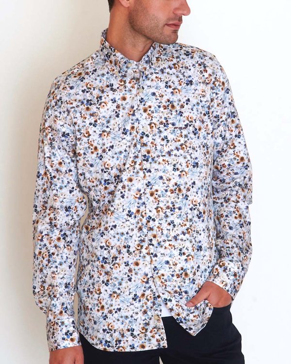 Chemise modern fit manches longues imprimé fleurs blanc