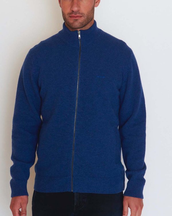 Cardigan uni Eliot col montant zippé en maille à poches bleu