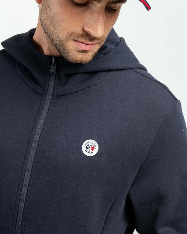 Sweat à capuche zippé uni blason tricolore bleu