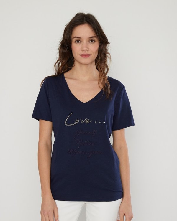 T-shirt manches courtes en coton broderie Love bleu