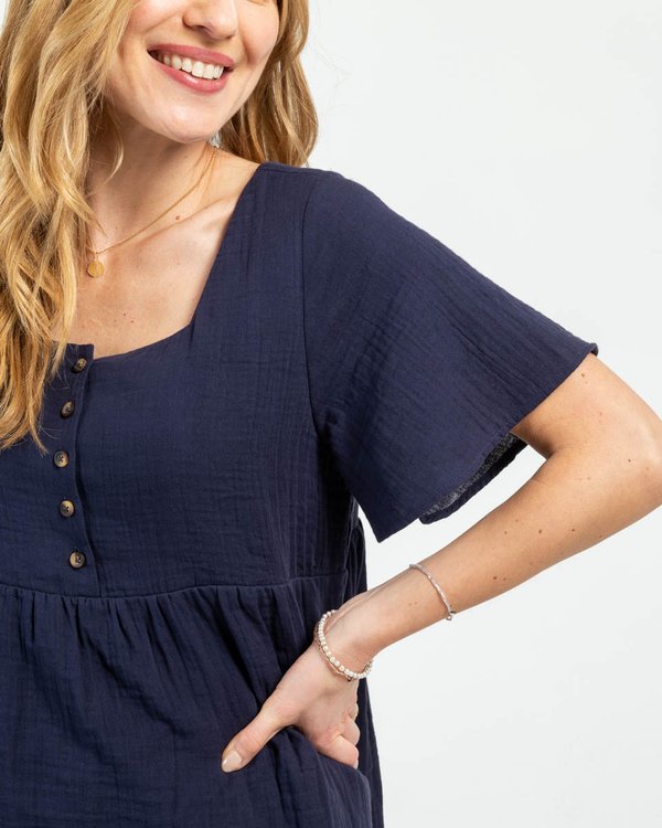 Robe unie évasée col carré en coton bleu Robe unie évasée col carré en coton bleu
