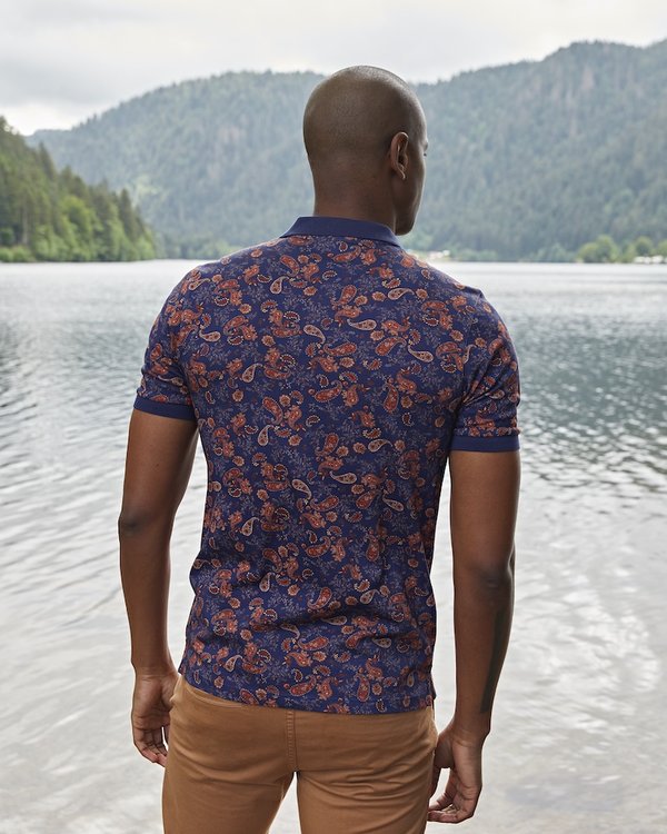 Polo modern fit à motif cachemire en coton bleu Polo modern fit à motif cachemire en coton bleu