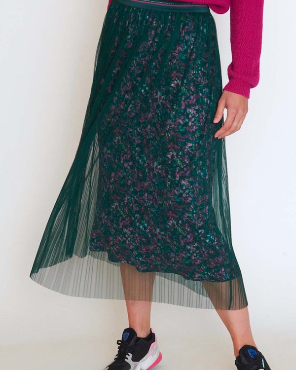 Jupe plissée en viscose imprimé floral et tulle vert Jupe plissée en viscose imprimé floral et tulle vert