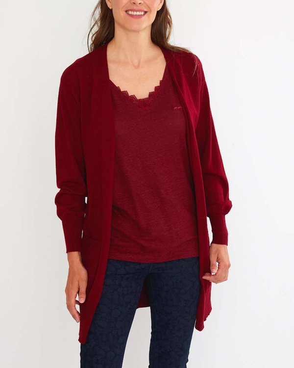 Cardigan ouvert long uni à manches longues Mérinos et coton rouge Cardigan ouvert long uni à manches longues Mérinos et coton rouge