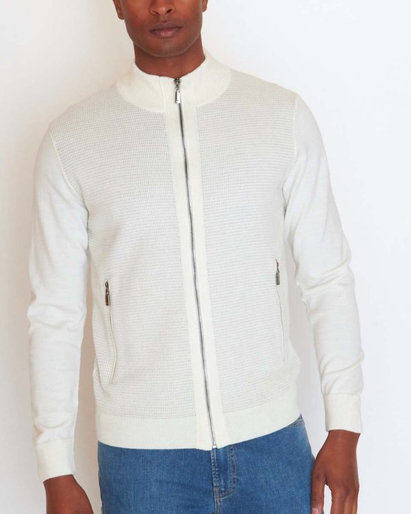Cardigan manches longues maille vanisée 50% Mérinos blanc