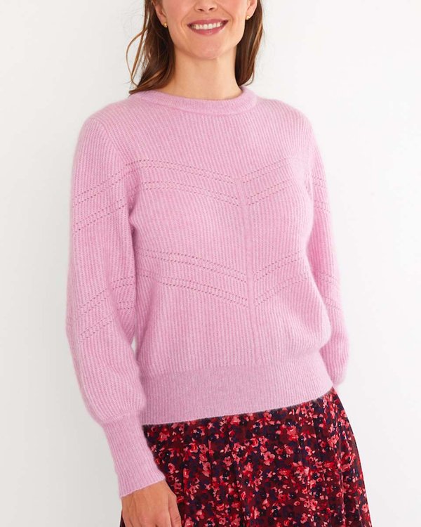 Pull col rond uni maille ajourée laine mohair rose