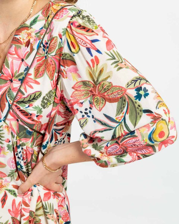 Robe ample manches 3/4 imprimé tropical