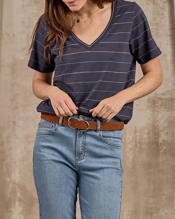 T-shirt col V rayé bleu
