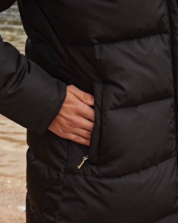 Doudoune longue zippée unie à capuche noir