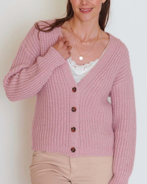 Cardigan boutonné à grosses mailles coton et Mérinos rose Cardigan boutonné à grosses mailles coton et Mérinos rose
