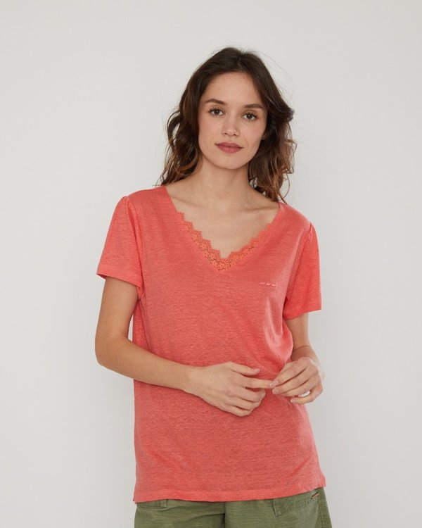 T-shirt manches courtes uni col dentelle en lin orange