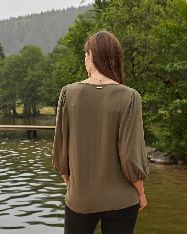 T-shirt manches 3/4 ballons uni col rond viscose et laine beige T-shirt manches 3/4 ballons uni col rond viscose et laine beige