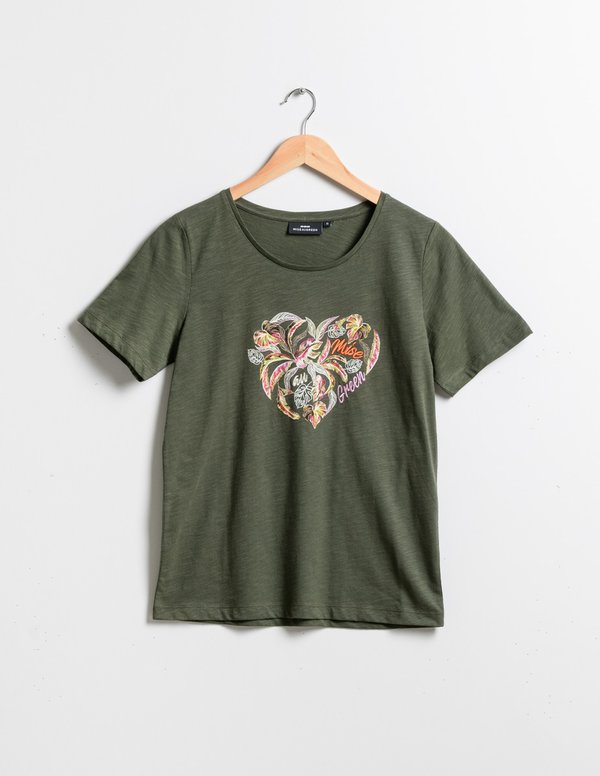 T-shirt manches courtes cœur broderie en coton vert T-shirt manches courtes cœur broderie en coton vert