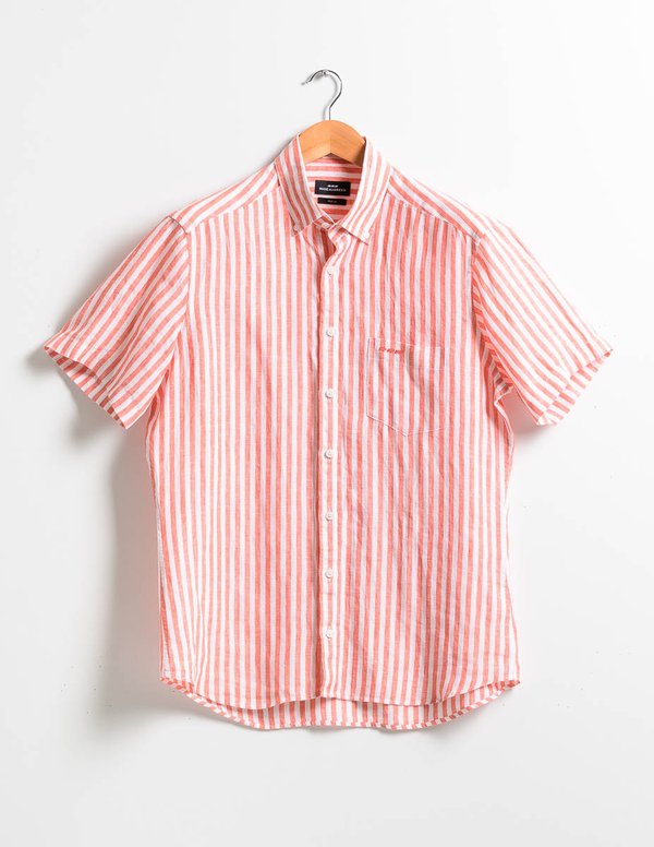 Chemise en lin manches courtes rayures verticales orange Chemise en lin manches courtes rayures verticales orange