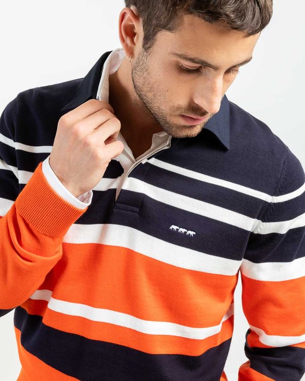 Pull rayé col polo coton issu de l'agriculture biologique bleu