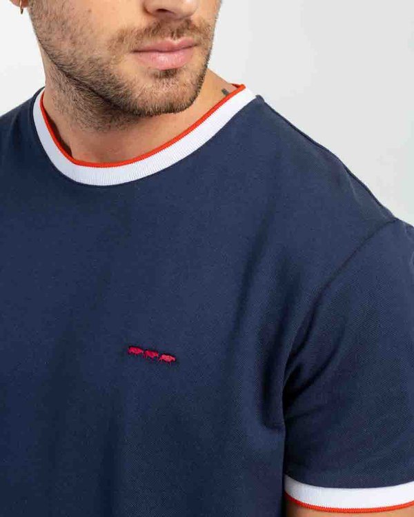 T-shirt uni col et manches contraste en coton bleu