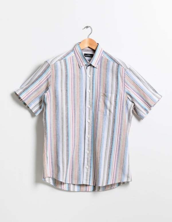 Chemise manches courtes à rayures verticales lin et coton beige Chemise manches courtes à rayures verticales lin et coton beige