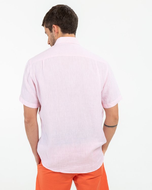 Chemise en lin regular fit unie à manches courtes rose