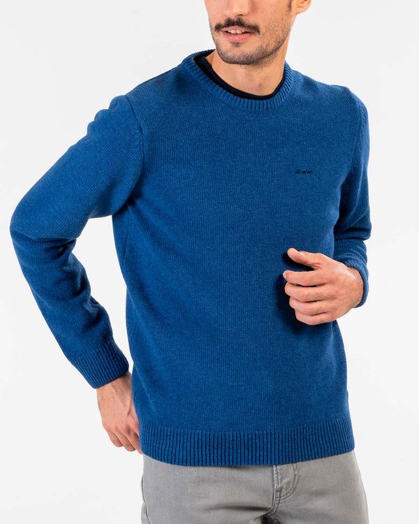 Pull à col rond tricoté manches longues en laine mérinos bleu Pull à col rond tricoté manches longues en laine mérinos bleu