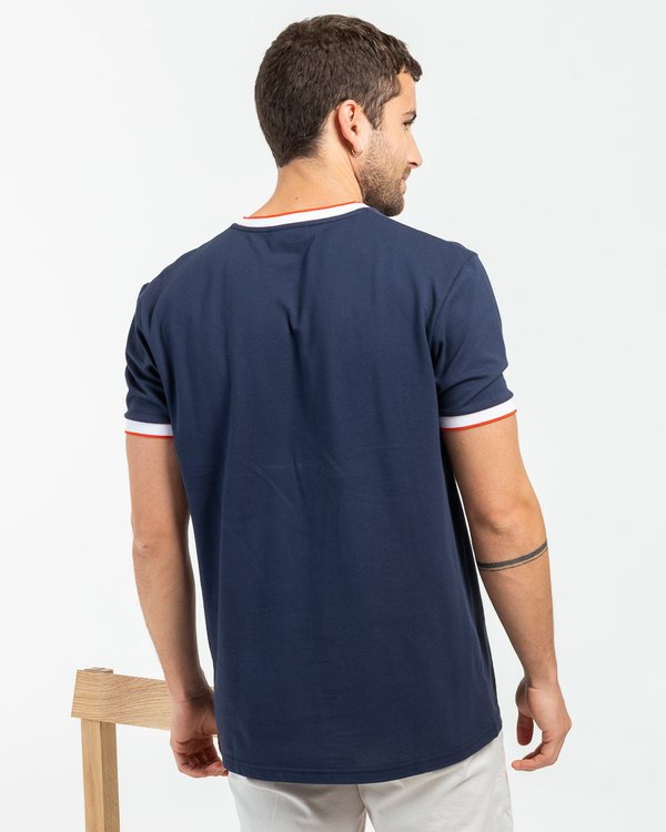 T-shirt uni col et manches contraste en coton bleu