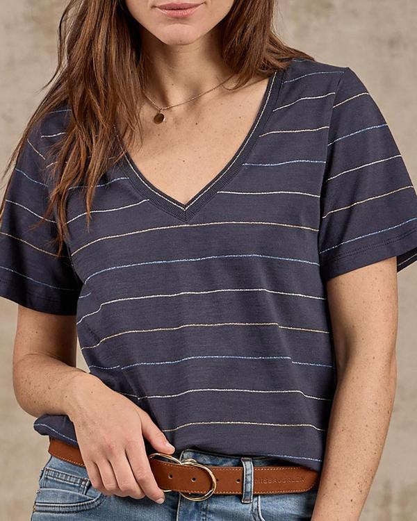 T-shirt col V rayé bleu