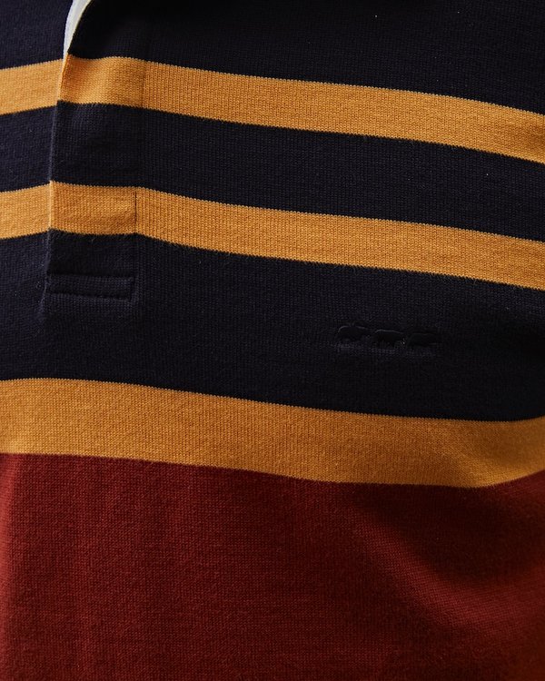 Pull à rayures tricolores esprit polo rugby en jersey bleu Pull à rayures tricolores esprit polo rugby en jersey bleu