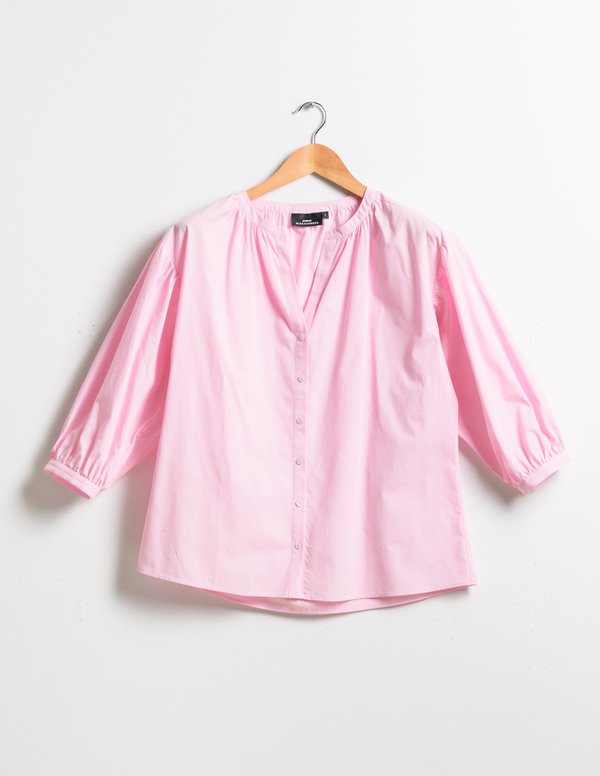 Chemisier uni col V manches 3/4 en coton rose