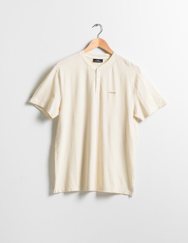 T-shirt uni col tunisien manches courtes coton et lin beige
