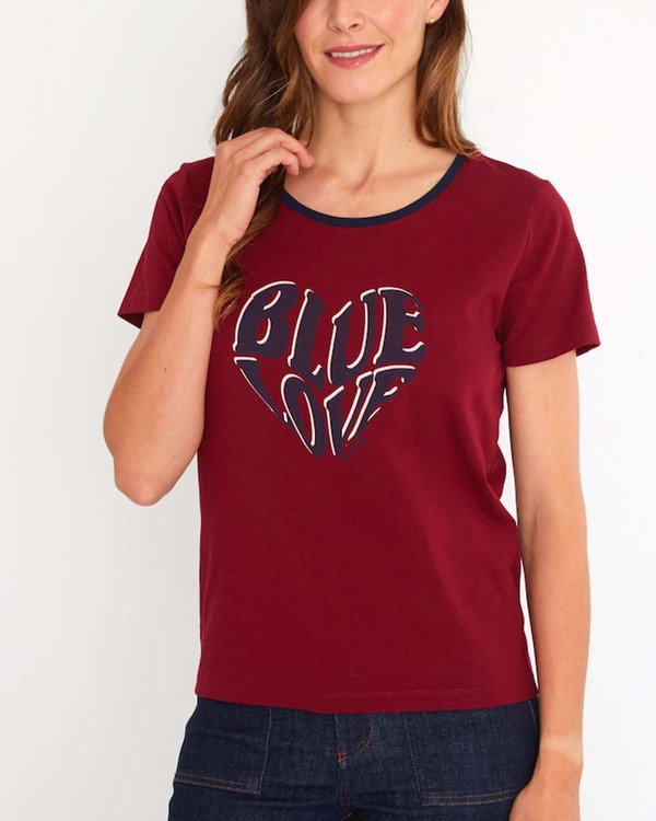 T-shirt à manches courtes sérigraphie Cœur col rond contrasté rouge