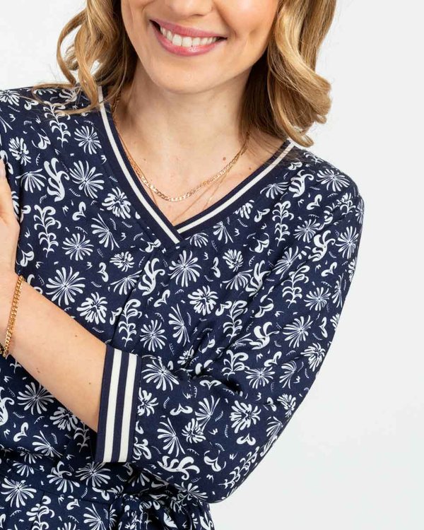 Robe unie col V ceinture tricolore en viscose bleu