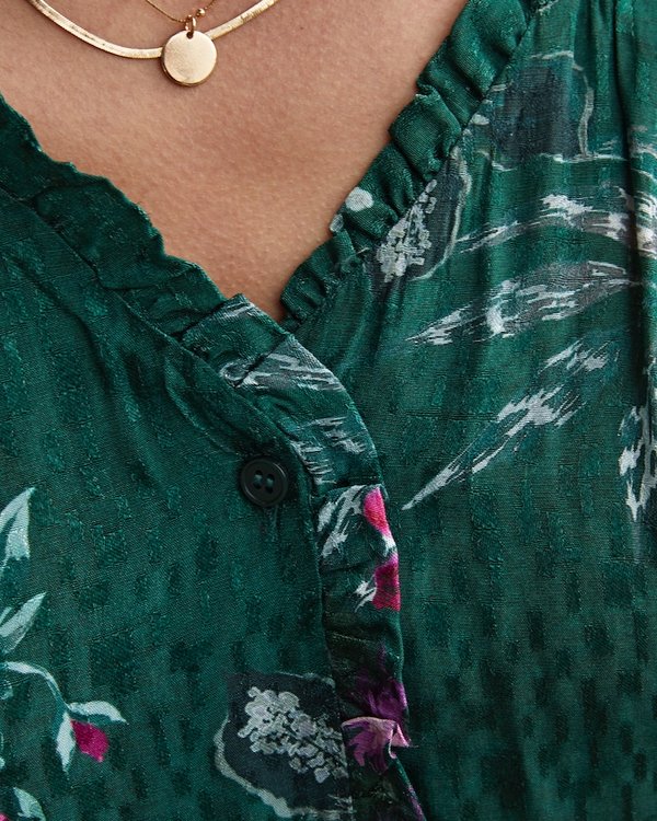 Chemisier manches longues imprimé fleuri en jacquard viscose vert Chemisier manches longues imprimé fleuri en jacquard viscose vert