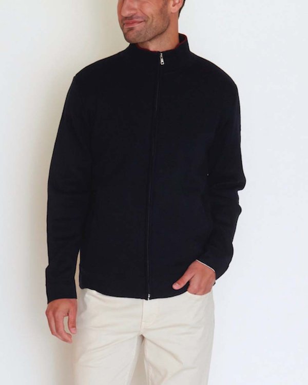 Cardigan uni Victor col zippé 50% Laine mérinos bleu Cardigan uni Victor col zippé 50% Laine mérinos bleu
