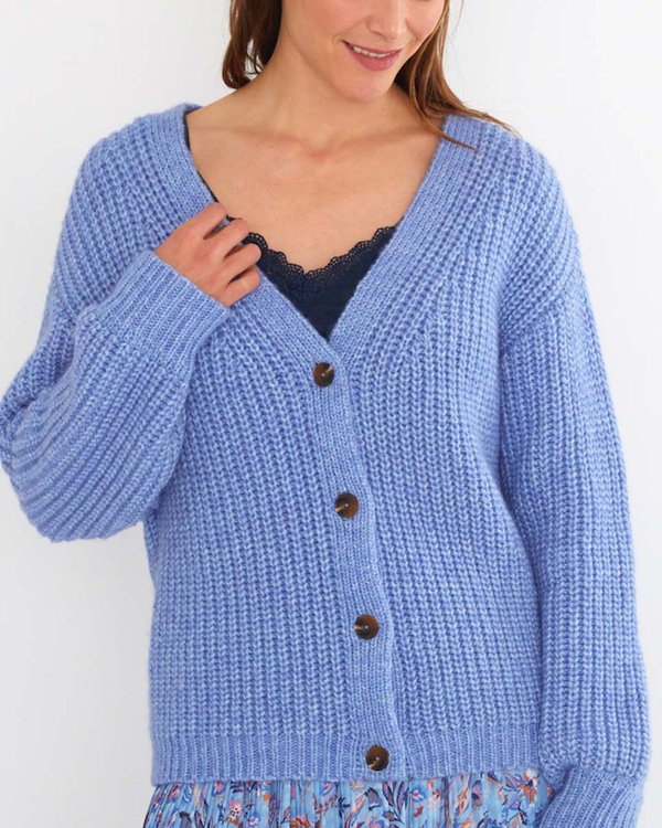 Cardigan boutonné à grosses mailles coton et Mérinos bleu Cardigan boutonné à grosses mailles coton et Mérinos bleu