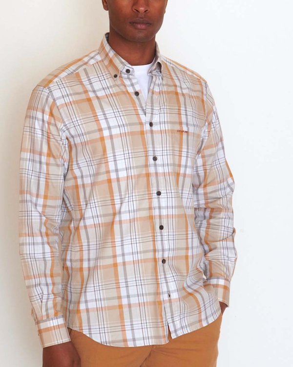 Chemise manches longues regular fit à carreaux en coton beige Chemise manches longues regular fit à carreaux en coton beige