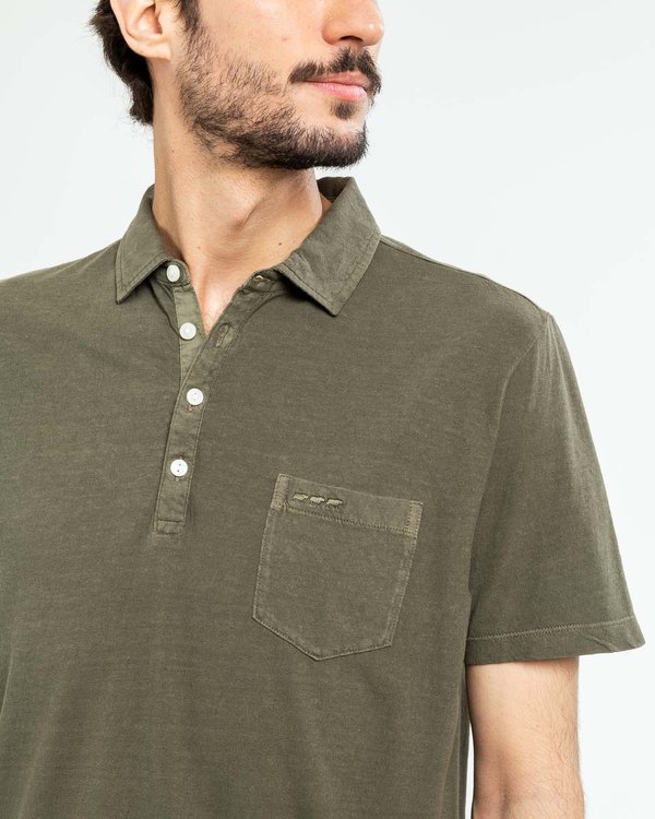 Polo uni manches courtes en coton et lin vert
