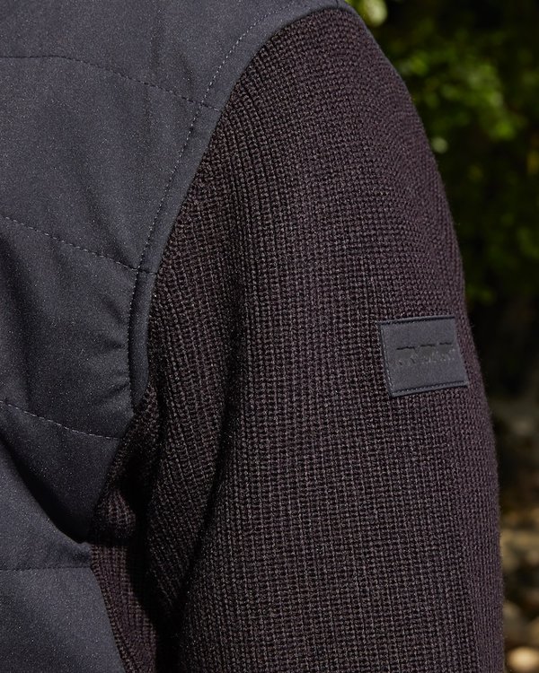 Cardigan matelassé bi-matière col montant poches zippées bleu Cardigan matelassé bi-matière col montant poches zippées bleu