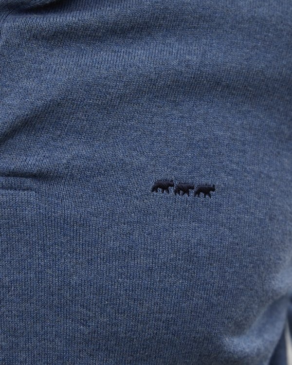 Pull uni avec col chemise imprimé broderie trois vaches en coton bleu Pull uni avec col chemise imprimé broderie trois vaches en coton bleu