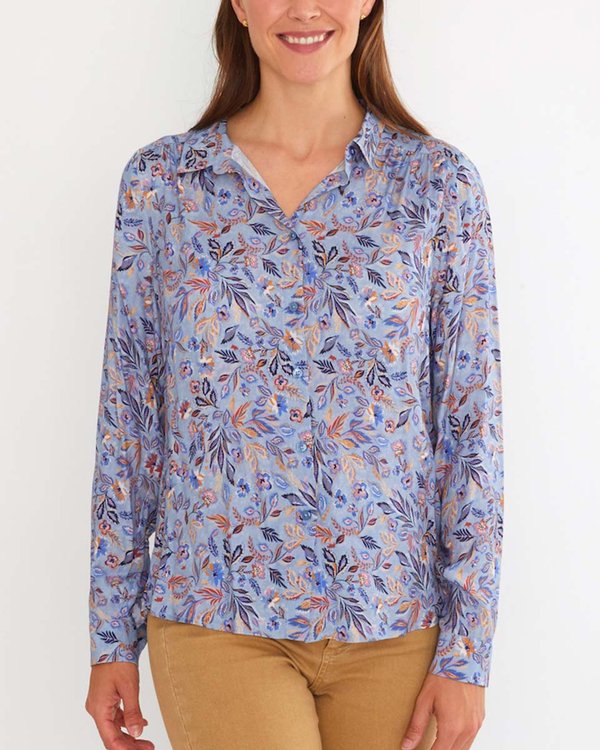 Chemisier imprimé exclusif en cupro et viscose bleu Chemisier imprimé exclusif en cupro et viscose bleu