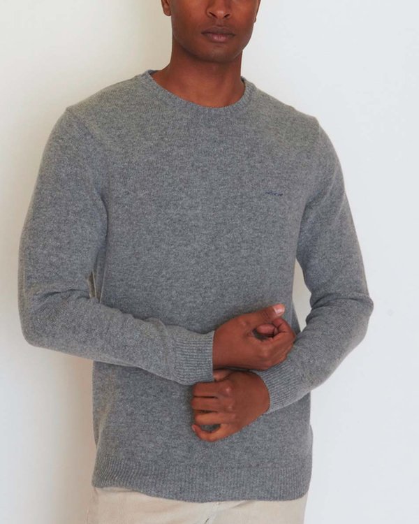 Pull Théo col rond bord côte uni broderie trois vaches gris Pull Théo col rond bord côte uni broderie trois vaches gris