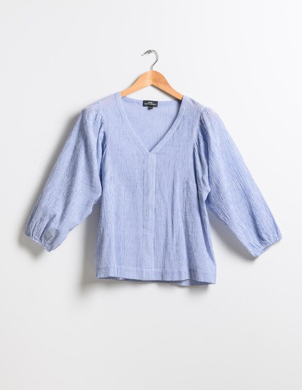 Blouse manches 3/4 seersucker en coton bleu