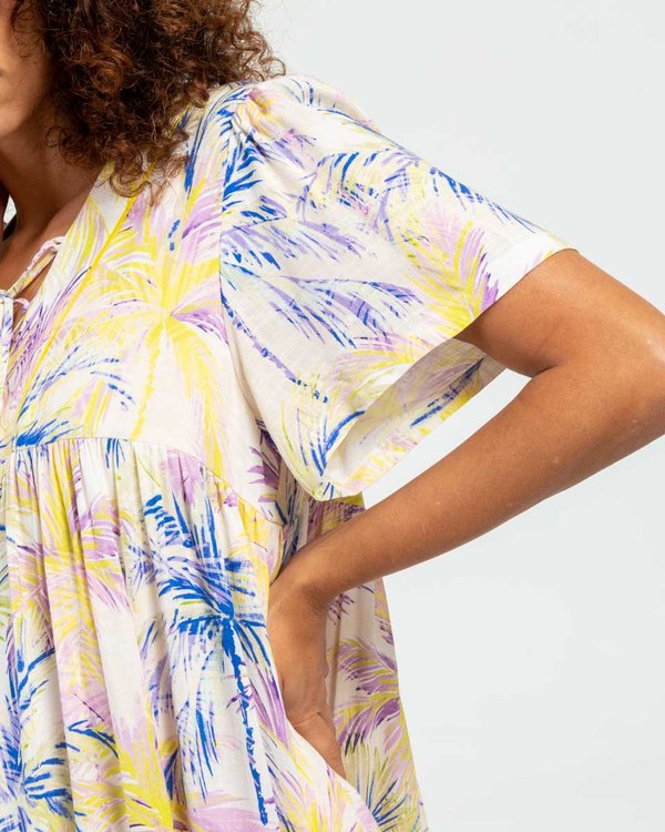Robe évasée imprimé tropical manches courtes blanc Robe évasée imprimé tropical manches courtes blanc