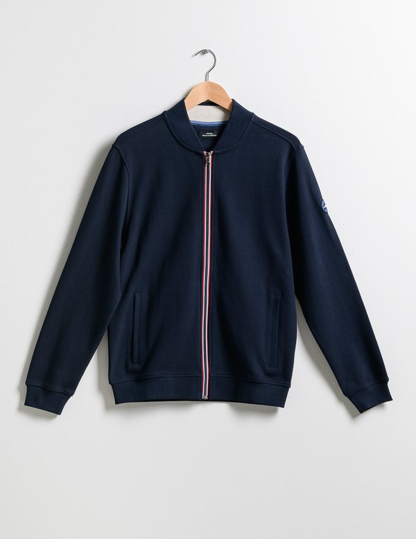 Sweat uni col teddy zip tricolore en coton bleu