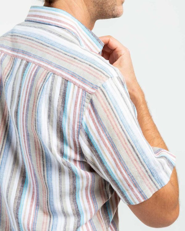 Chemise manches courtes à rayures verticales lin et coton beige