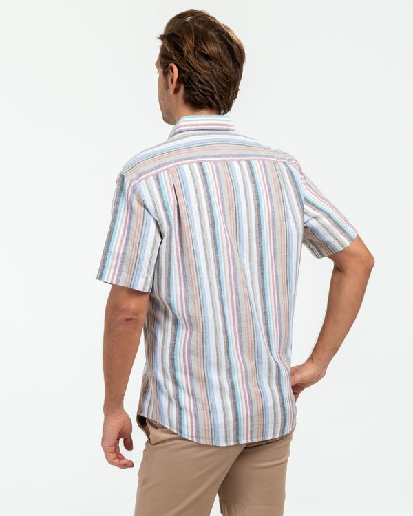Chemise manches courtes à rayures verticales lin et coton beige Chemise manches courtes à rayures verticales lin et coton beige