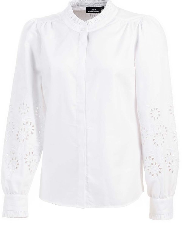 Chemisier en coton popeline manches bouffantes broderies blanc Chemisier en coton popeline manches bouffantes broderies blanc