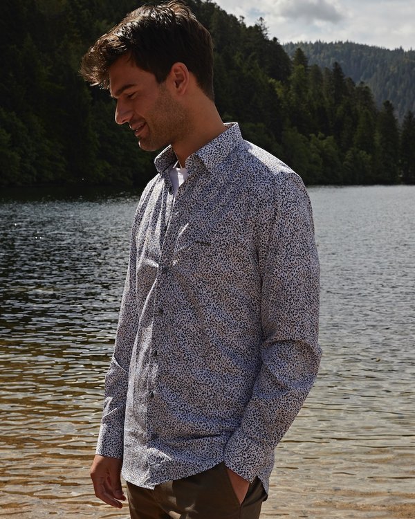 Chemise imprimé minimaliste feuilles manches longues en coton gris Chemise imprimé minimaliste feuilles manches longues en coton gris