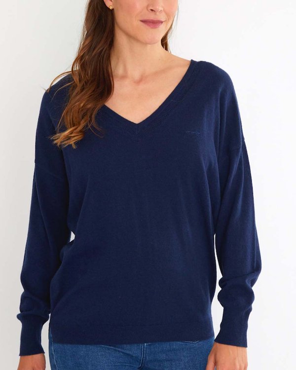 Pull uni col V manches longues 20% laine Mérinos bleu Pull uni col V manches longues 20% laine Mérinos bleu